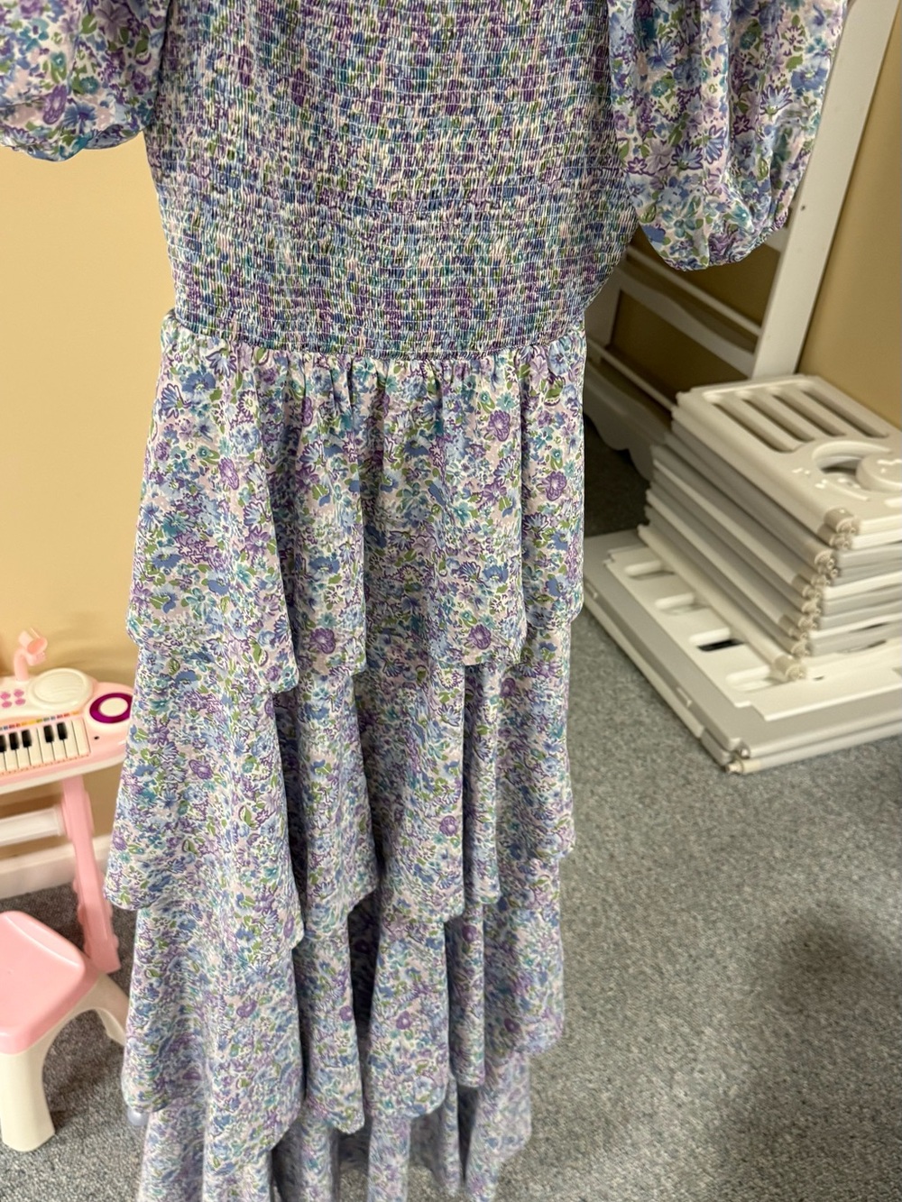 Pinkblush maternity Lavender Floral Smocked Tiered Maxi Dress size Small S EUC